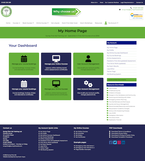 Surrey First Aid - logged in user dashboard home page